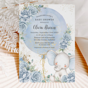 Zacht Blauw Bloemenballon Olifant Boy Baby shower Kaart