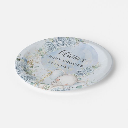 Zacht Blauw Bloemenballon Olifant Boy Baby shower Papieren Bordje (Gekanteld)