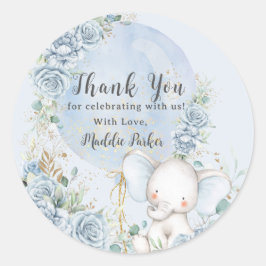 Zacht Blauw Bloemenballon Olifant Boy Baby shower Ronde Sticker