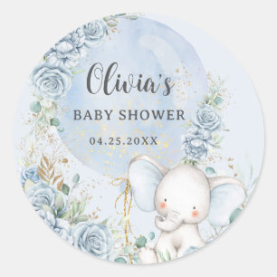 Zacht Blauw Bloemenballon Olifant Boy Baby shower Ronde Sticker