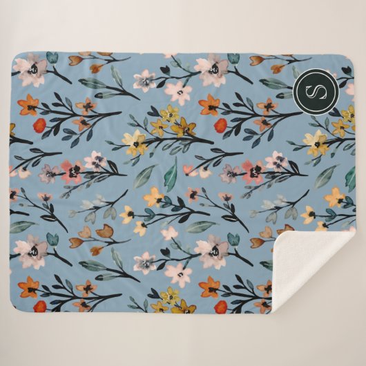 Zacht Blauw Boheems Bloemen Waterverf Custom Sherpa Deken (Voorkant (horizontaal))