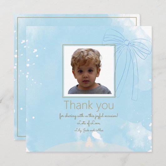 Zacht Blauw Doopsel Dank u kaart met Gouden Accent (Voorkant / Achterkant)