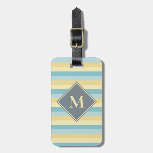Zacht Blauw en Geel Strip Patroon Custom Monogram Bagagelabel (Voorkant verticaal)