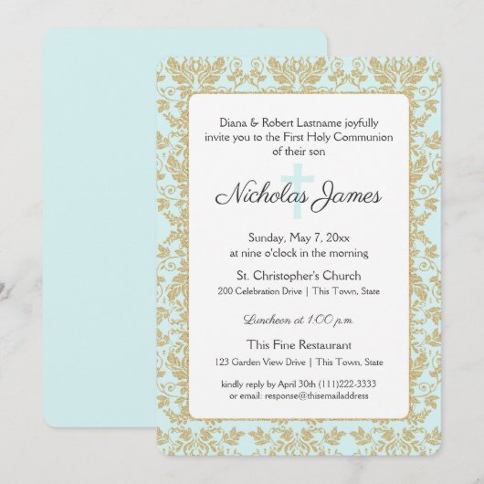 Zacht blauw en goud Damask Eerste Communie Kaart (Voorkant / Achterkant)