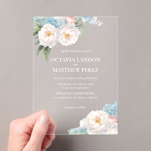 Zacht Blauw en Roze Bloemen Lente Botanisch Acryl Uitnodigingen (Insitu (Draagbaar))