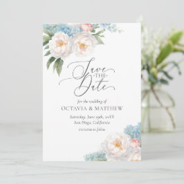 Zacht Blauw en Roze Bloemen Script BRUILOFT Save The Date