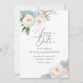 Zacht Blauw en Roze Bloemen Script BRUILOFT Save The Date (Voorkant)