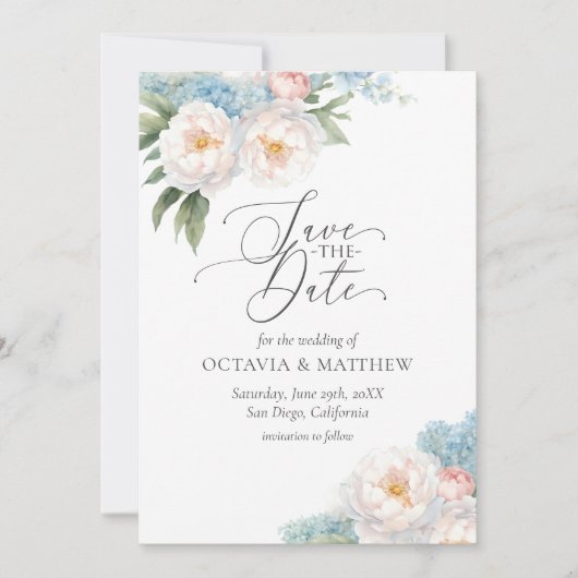 Zacht Blauw en Roze Bloemen Script BRUILOFT Save The Date (Voorkant)