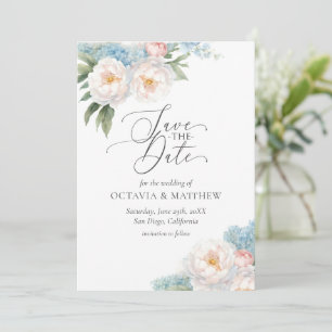 Zacht Blauw en Roze Bloemen Script BRUILOFT Save The Date