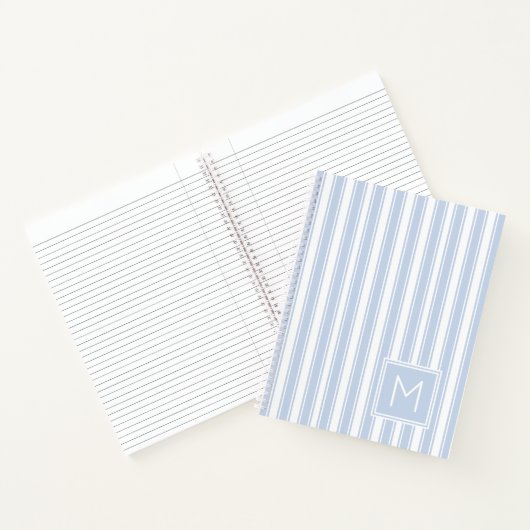 Zacht Blauw en Wit Ticking Streep Monogram Notitieboek (Binnen)