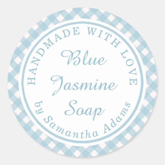 Zacht blauw geruite handgemaakt met liefde ronde sticker (Voorkant)