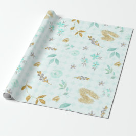 Zacht Blauw Goud Glitter Waterverf Bloem Cadeaupapier