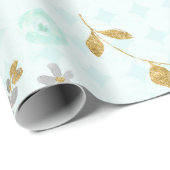 Zacht Blauw Goud Glitter Waterverf Bloem Cadeaupapier (Rol Hoek)