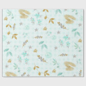 Zacht Blauw Goud Glitter Waterverf Bloemen Cadeaupapier (Vlak)