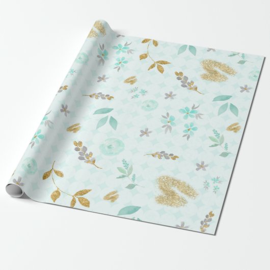 Zacht Blauw Goud Glitter Waterverf Bloemen Cadeaupapier (Uitgerold)