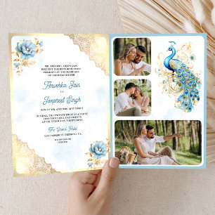 Zacht Blauw Goud Kant Bloemen Indiase Peacock Brui