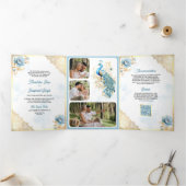 Zacht Blauw Goud Kant Bloemen Indiase Peacock Brui Drieluik Uitnodiging (Binnen)