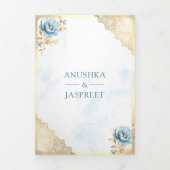 Zacht Blauw Goud Kant Bloemen Indiase Peacock Brui Drieluik Uitnodiging (Cover)