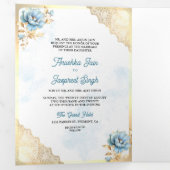 Zacht Blauw Goud Kant Bloemen Indiase Peacock Brui Drieluik Uitnodiging (Binnenzijde eerst)