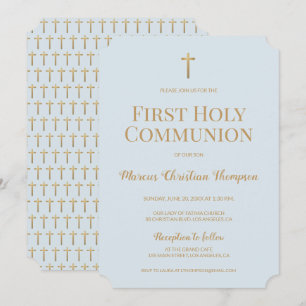Zacht Blauw Goud Kruis Jongen Eerste Heilige Commu Kaart