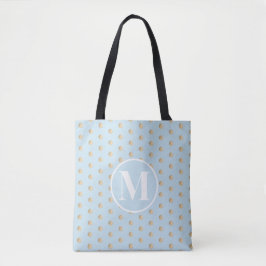 Zacht Blauw Goud Stippen Witte Monogram Tote Bag