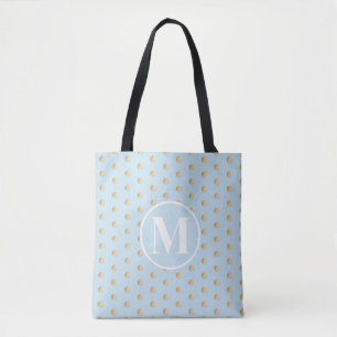 Zacht Blauw Goud Stippen Witte Monogram Tote Bag