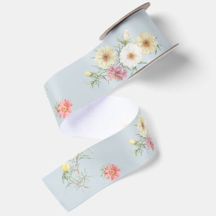 Zacht Blauw Grijs Mos Roos Waterverf Bloemmotief Satijnen Lint