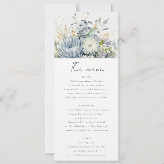 Zacht Blauw Groen Sappig Bloemen Bruiloft Menu Kaa Kaart (Voorkant)