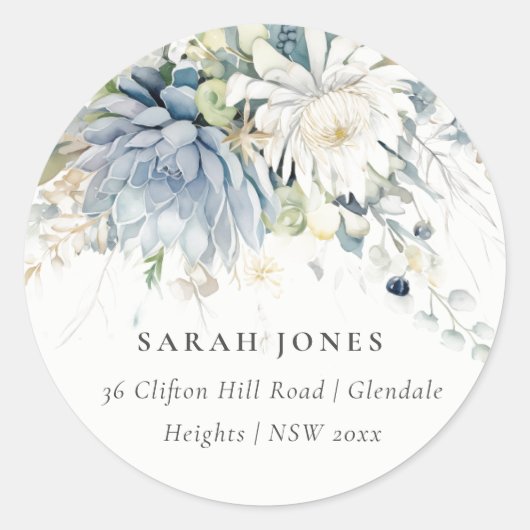 Zacht Blauw Groen Succulent Bloemen Botanisch Adre Ronde Sticker (Voorkant)