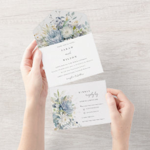 Zacht Blauw Groen Succulent Bloemen Botanische Bru All In One Uitnodiging