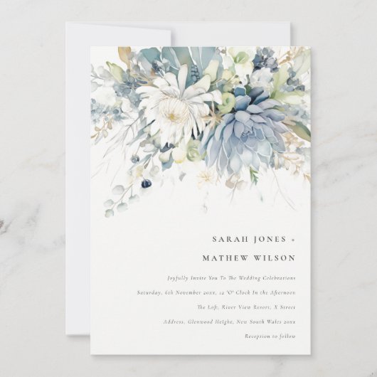 Zacht Blauw Groen Succulent Bloemen Botanische Bru Kaart (Voorkant)