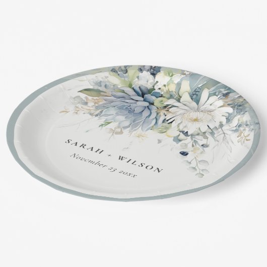 Zacht Blauw Groen Succulent Bloemen Botanische Bru Papieren Bordje (Gekanteld)