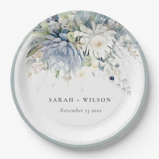 Zacht Blauw Groen Succulent Bloemen Botanische Bru Papieren Bordje (Voorkant)