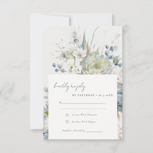 Zacht Blauw Groen Succulent Bloemen Botanische Bru RSVP Kaartje (Voorkant)