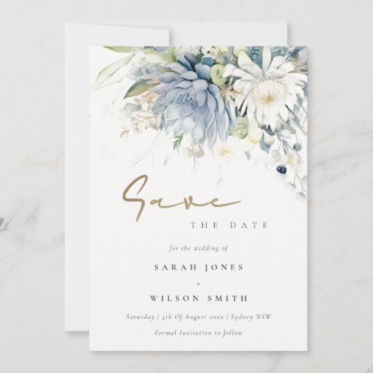 Zacht Blauw Groen Succulent Bloemen Botanische Bru Save The Date (Voorkant)