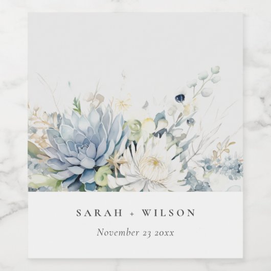 Zacht Blauw Groen Succulent Bloemen Botanische Bru Wijn Etiket (Enkel label)