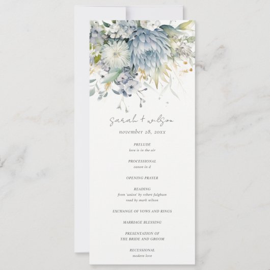 Zacht Blauw Groen Succulent Bloemenbruiloft Progra Kaart (Voorkant)