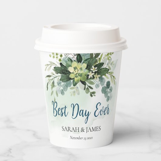 Zacht Blauw Groen Succulent Bruiloft Bloemen Botan Papieren Bekers (Achterkant)