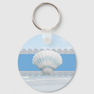 Zacht blauw naadschild en kant sleutelhanger