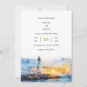 Zacht Blauw Nautische Sunset Lighthouse Strandbrui Kaart (Voorkant)