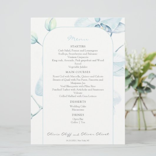 Zacht Blauw Orchidee Bruiloft Menu (Staand voorkant)