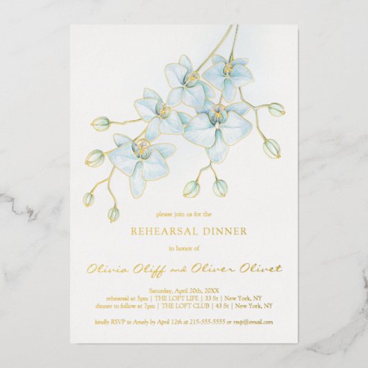 Zacht Blauw Orchidee repetitie diner Folie Uitnodiging (Voorkant)