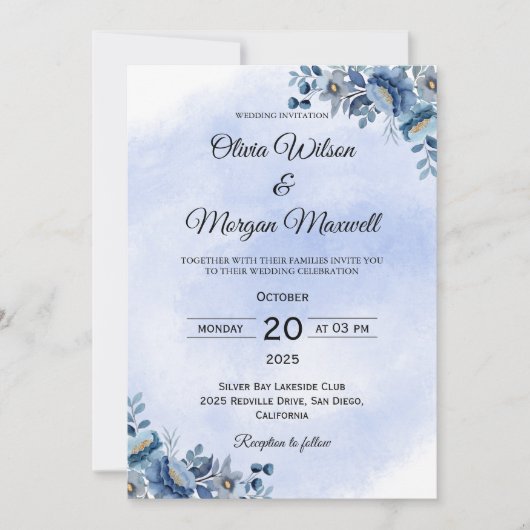 Zacht blauw Roos bruiloft uitnodiging (Voorkant)