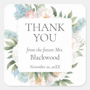 ZACHT BLAUW ROZE BLOEIENDE BLOEMEN BRUIDAL Dank u Vierkante Sticker