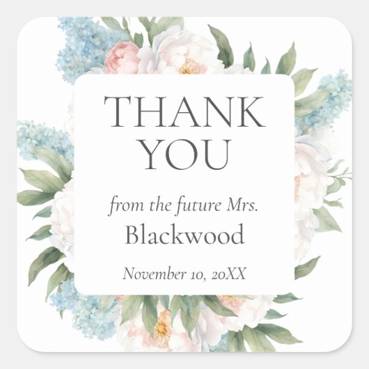 ZACHT BLAUW ROZE BLOEIENDE BLOEMEN BRUIDAL Dank u Vierkante Sticker (Voorkant)