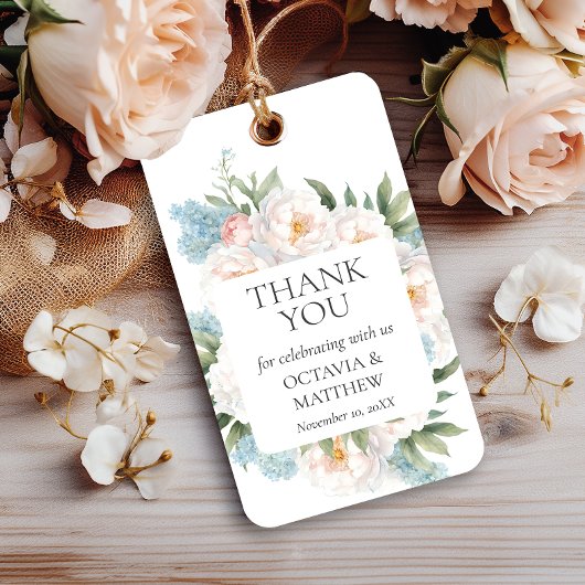 ZACHT BLAUW ROZE BLOEIENDE BLOEMEN BRUILOFT Dank u Cadeaulabel