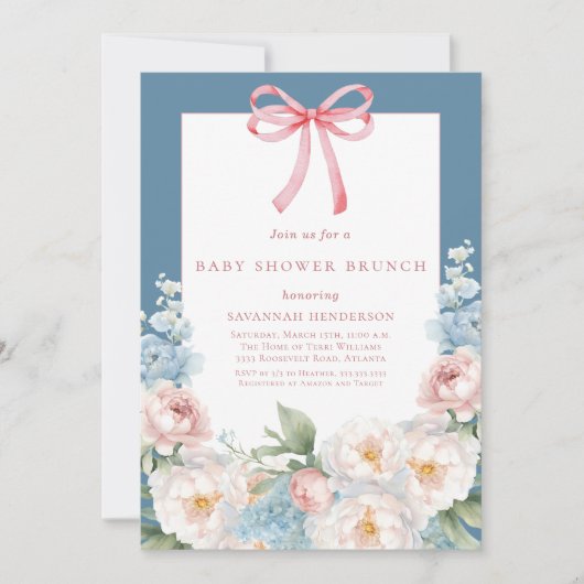 Zacht Blauw Roze Bloemboog Baby shower Brunch Kaart (Voorkant)