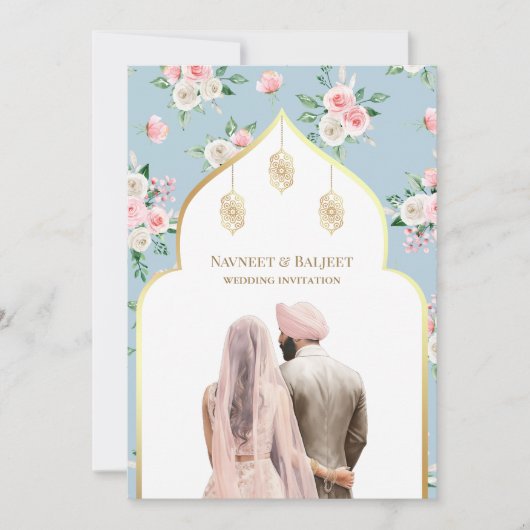 Zacht Blauw Roze Bloemen Anand Karaj Sikh Bruiloft Kaart (Voorkant)