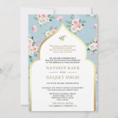 Zacht Blauw Roze Bloemen Anand Karaj Sikh Bruiloft Kaart (Achterkant)