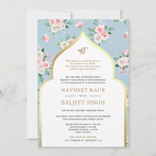 Zacht Blauw Roze Bloemen Anand Karaj Sikh Bruiloft Kaart (Achterkant)